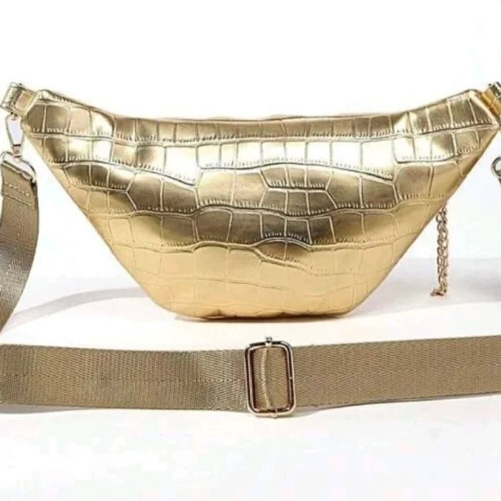 Gold Metallic Purse Belt Bag Sling Faux Croc w/ Guitar Strap - Picture 4 of 7